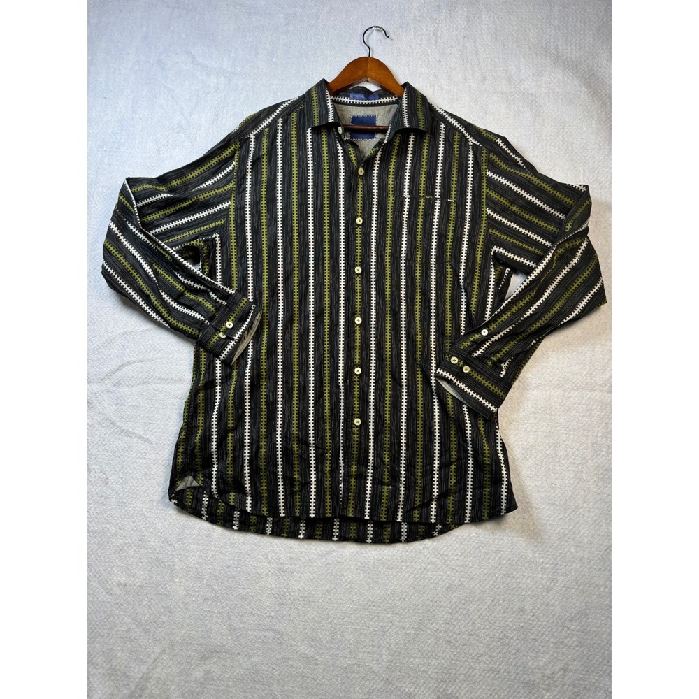 Tommy Bahama Mens Large Black Green Striped Long Sleeve Button Down Cotton Shirt